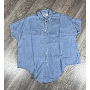 Madewell Top Womens Small Blue Wash Denim Short Sleeve Collared Buttons Tie EUC